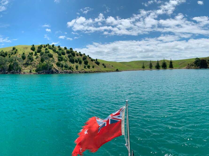 Summers day view of a bay from on board Templar Charter Yacht